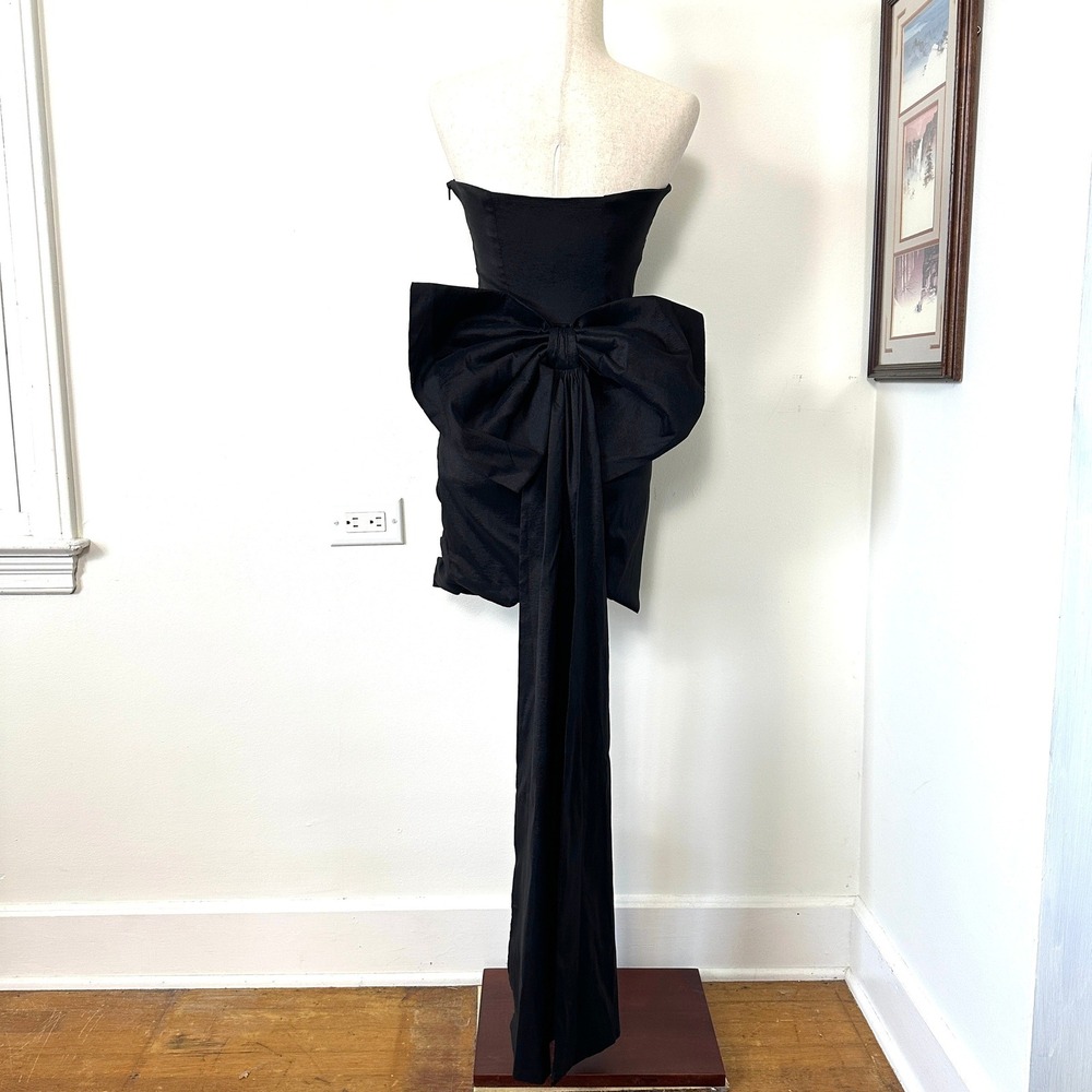 Black Strapless Cocktail Mini Dress M Bodycon Detachable Bow Train Coquette Prom - Picture 6 of 10